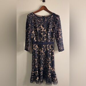 Tadashi Shoji Blue and Tan Long Sleeve Sheath Dress